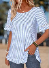 Blue tops,Striped tops,Geometric tops,ROTITA Frill Striped Blue Round Neck Short Sleeve T Shirt