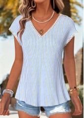 Blue tops,Striped tops,Geometric tops,ROTITA Bowknot Striped Blue V Neck Short Sleeve T Shirt