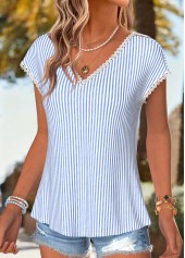 Blue tops,Striped tops,Geometric tops,ROTITA Bowknot Striped Blue V Neck Short Sleeve T Shirt