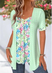 Green tops,Ditsy Floral tops,ROTITA Ditsy Floral Print Green Fake Two Piece Twinset