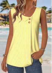 Yellow tops,Striped tops,Geometric tops,ROTITA Patchwork Striped Yellow Asymmetrical Neck Sleeveless Tank Top