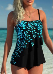 ROTITA Black Layered Leaf Print Mid Waisted Tankini Set