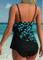 Black swimwear,Plants swimwear,ROTITA Black Layered Leaf Print Mid Waisted Tankini Set