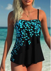 Black swimwear,Plants swimwear,ROTITA Black Layered Leaf Print Mid Waisted Tankini Set