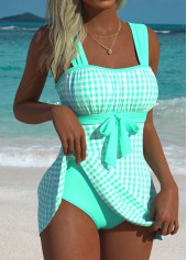 Cyan swimwear,Plaid swimwear,Geometric swimwear,ROTITA Cyan Plaid Mid Waisted Tankini Set