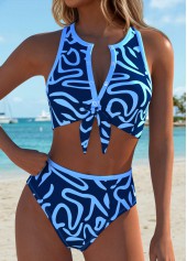ROTITA Blue Bowknot Geometric Print Mid Waisted Bikini Set