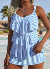 Blue swimwear,Striped swimwear,Geometric swimwear,ROTITA Blue Striped Mid Waisted Tankini Set