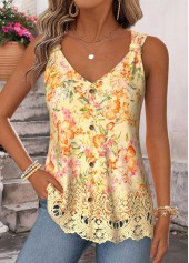 Rotita Tanktop mit geschwungenem Saum Blumenmuster und gelbem V-Ausschnitt
