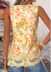 Yellow tops,Floral tops,Plants tops,ROTITA Curved Hem Floral Print Yellow V Neck Tank Top