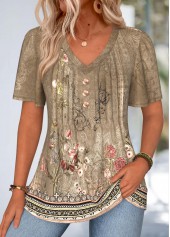 ROTITA Curved Hem Random Floral Print Dark Camel T Shirt