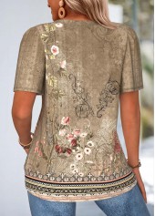 Dark Camel tops,Plants tops,Floral tops,ROTITA Curved Hem Random Floral Print Dark Camel T Shirt