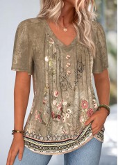 Dark Camel tops,Plants tops,Floral tops,ROTITA Curved Hem Random Floral Print Dark Camel T Shirt