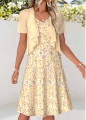 ROTITA Light Yellow Ditsy Floral Print Two-piece Dress and Cardigan