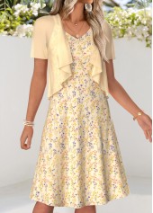 Light Yellow dresses,Ditsy Floral dresses,Vacation dresses,Vacation dresses,ROTITA Light Yellow Ditsy Floral Print Two-piece Dress and Cardigan