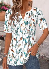 Multi Color tops,Plants tops,ROTITA Curved Hem Leaf Print Multi Color T Shirt