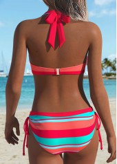 Coral swimwear,Striped swimwear,Geometric swimwear,ROTITA Coral Patchwork Striped Mid Waisted Bikini Set