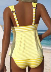 Light Yellow swimwear,Striped swimwear,Geometric swimwear,ROTITA Light Yellow Tummy Coverage Striped Mid Waisted Tankini Set