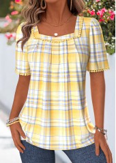 ROTITA Pleated Plaid Yellow Square Neck Short Sleeve T Shirt