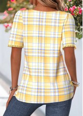 Yellow tops,Plaid tops,Geometric tops,ROTITA Pleated Plaid Yellow Square Neck Short Sleeve T Shirt