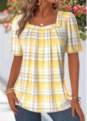 Yellow tops,Plaid tops,Geometric tops,ROTITA Pleated Plaid Yellow Square Neck Short Sleeve T Shirt