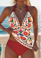ROTITA Red Tummy Coverage Floral Print Mid Waisted Tankini Set
