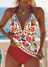 Red swimwear,Floral swimwear,Plants swimwear,ROTITA Red Tummy Coverage Floral Print Mid Waisted Tankini Set