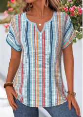 Dusty Blue tops,Striped tops,Geometric tops,ROTITA Tummy Coverage Multi Stripe Print Dusty Blue Blouse