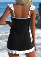 Black swimwear,Plain Color swimwear,ROTITA Black Ruffle Mid Waisted Tankini Set