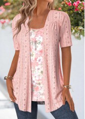 Pink tops,Floral tops,Plants tops,ROTITA Floral Print Pink Fake Two Piece Twinset