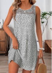 ROTITA Grey Geometric Print Patchwork Short Round Neck Sleeveless Dress