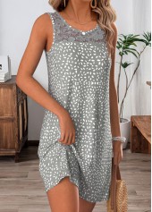 Grey dresses,Geometric dresses,Everyday dresses,Casual dresses,ROTITA Grey Geometric Print Patchwork Short Round Neck Sleeveless Dress
