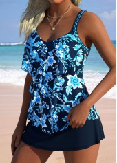 Navy swimwear,Plants swimwear,Floral swimwear,ROTITA Navy Random Floral Print Mid Waisted Tankini Set