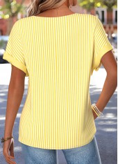 Yellow tops,Striped tops,Geometric tops,ROTITA Button Striped Yellow Boat Neck Short Sleeve T Shirt