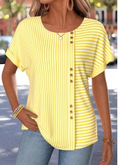 Yellow tops,Striped tops,Geometric tops,ROTITA Button Striped Yellow Boat Neck Short Sleeve T Shirt