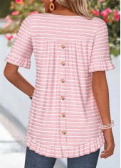 ROTITA Frill Striped Pink Round Neck Short Sleeve T Shirt