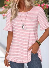 Pink tops,Striped tops,Geometric tops,ROTITA Frill Striped Pink Round Neck Short Sleeve T Shirt