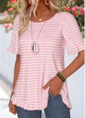 Pink tops,Striped tops,Geometric tops,ROTITA Frill Striped Pink Round Neck Short Sleeve T Shirt
