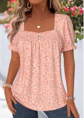 ROTITA Smocked Ditsy Floral Print Dusty Pink Square Neck Blouse