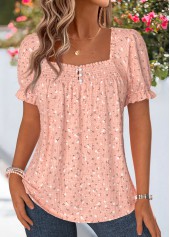 Dusty Pink tops,Ditsy Floral tops,ROTITA Smocked Ditsy Floral Print Dusty Pink Square Neck Blouse
