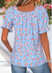 Light Blue tops,Ditsy Floral tops,ROTITA Smocked Ditsy Floral Print Light Blue Square Neck Blouse