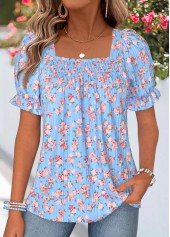 ROTITA Smocked Ditsy Floral Print Light Blue Square Neck Blouse
