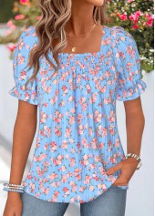 Light Blue tops,Ditsy Floral tops,ROTITA Smocked Ditsy Floral Print Light Blue Square Neck Blouse