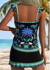 Black swimwear,Plants swimwear,ROTITA Black Tropical Plants Print Mid Waisted Tankini Set