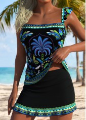 Black swimwear,Plants swimwear,ROTITA Black Tropical Plants Print Mid Waisted Tankini Set