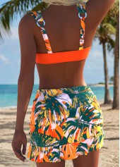 Orange swimwear,Plants swimwear,ROTITA Orange Three-piece Leaf Print Mid Waisted Bikini Set
