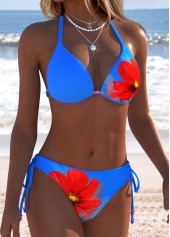 Dark Blue swimwear,Floral swimwear,Plants swimwear,ROTITA Dark Blue Lace Up Floral Print Bikini Set