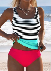 Coral swimwear,Striped swimwear,Geometric swimwear,ROTITA Coral Two-piece Striped Mid Waisted Tankini Set