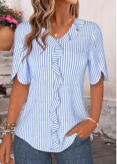 Blue tops,Striped tops,Geometric tops,ROTITA Ruffle Striped Blue V Neck Half Sleeve Blouse