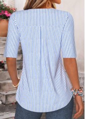 Blue tops,Striped tops,Geometric tops,ROTITA Ruffle Striped Blue V Neck Half Sleeve Blouse
