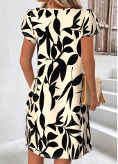 Beige dresses,Plants dresses,Everyday dresses,Casual dresses,ROTITA Beige Leaf Print Tummy Coverage Short Asymmetrical Neck Dress